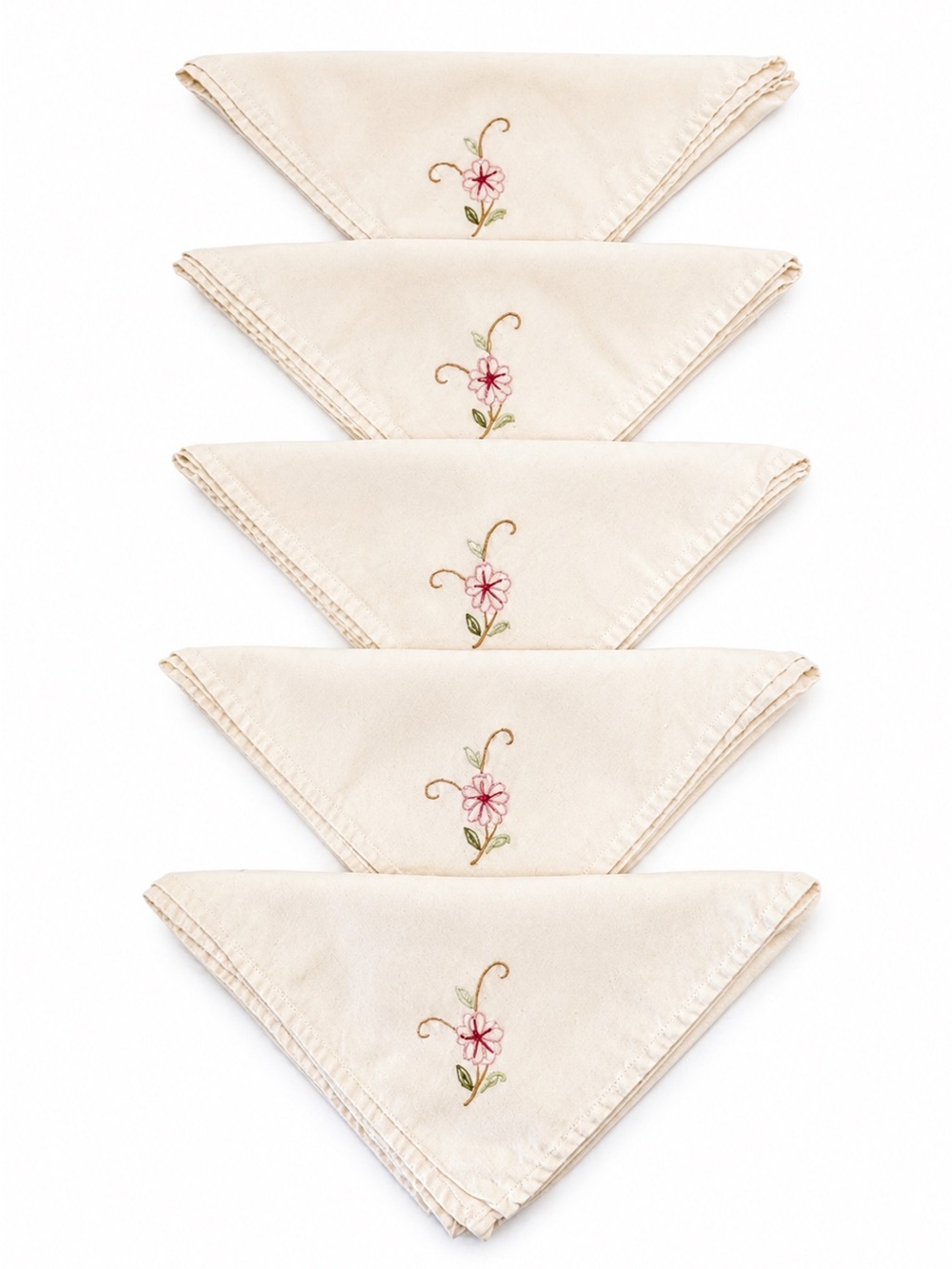 Set of 5 Vintage Hand Embroidered Cotton Napkins Floral Pink Green 14.5" x 14.5"